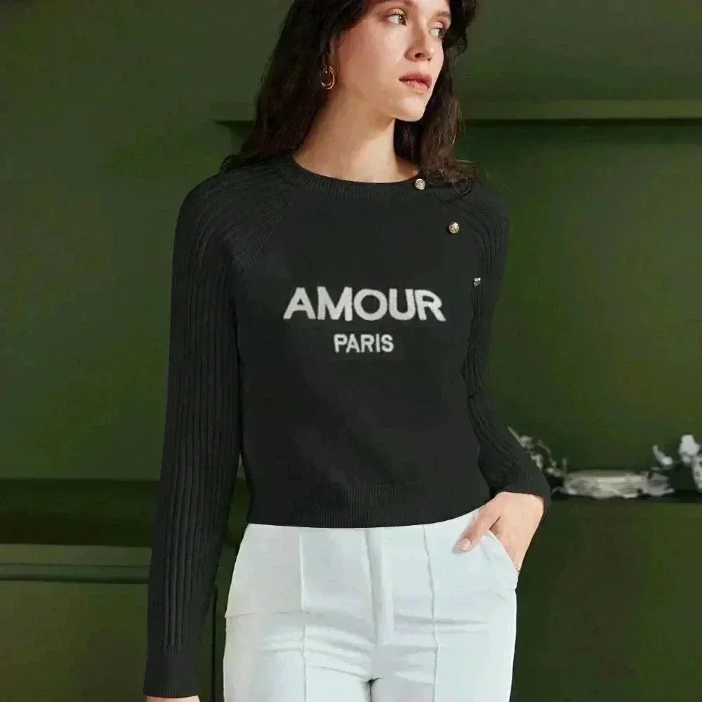 Black Preppy Womens Letter Graphic Button Detail Raglan Sleeve Sweater